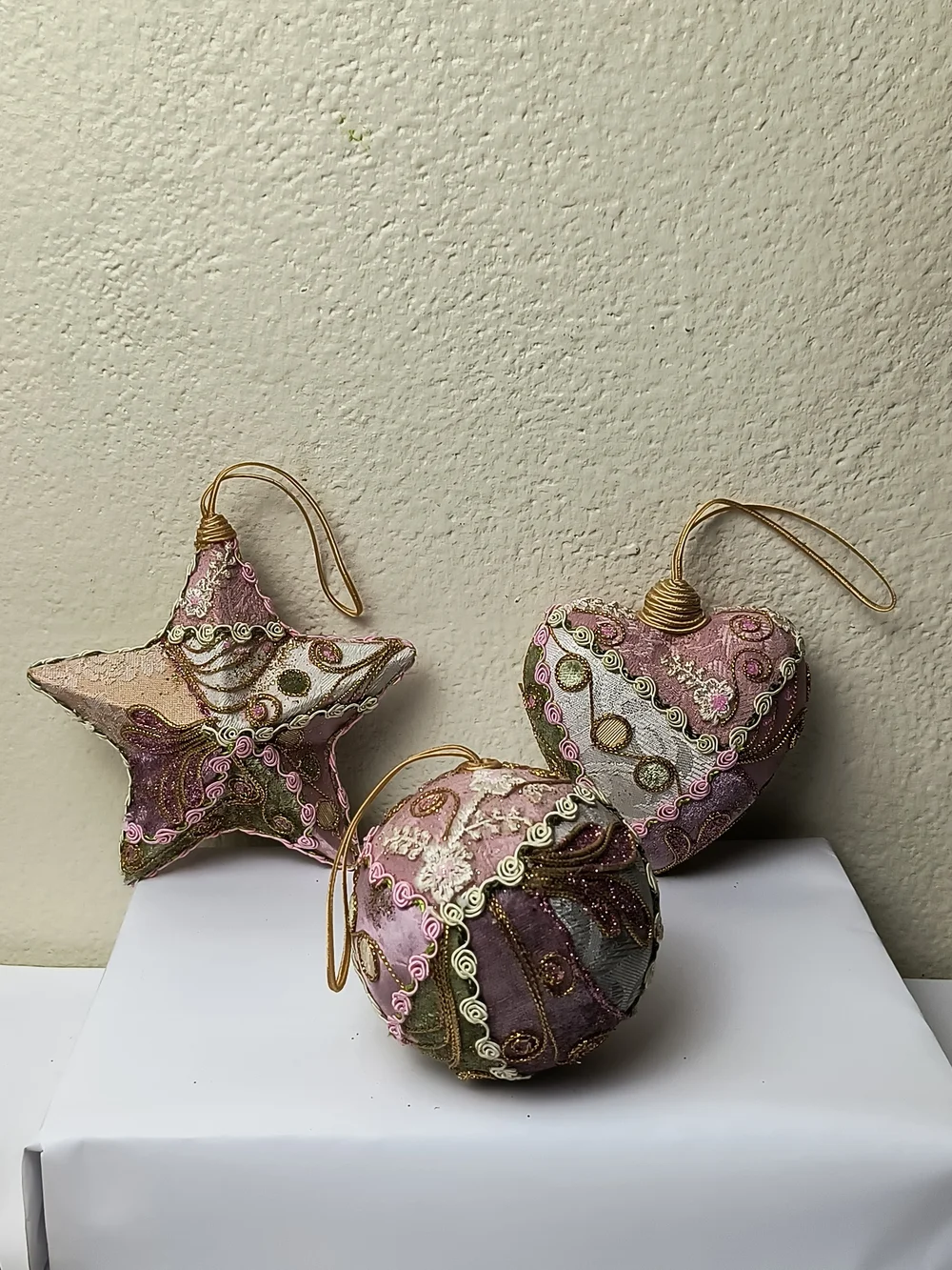 Decorative Pink and Gold Holiday Ornament Trio - Star, Heart & Ball